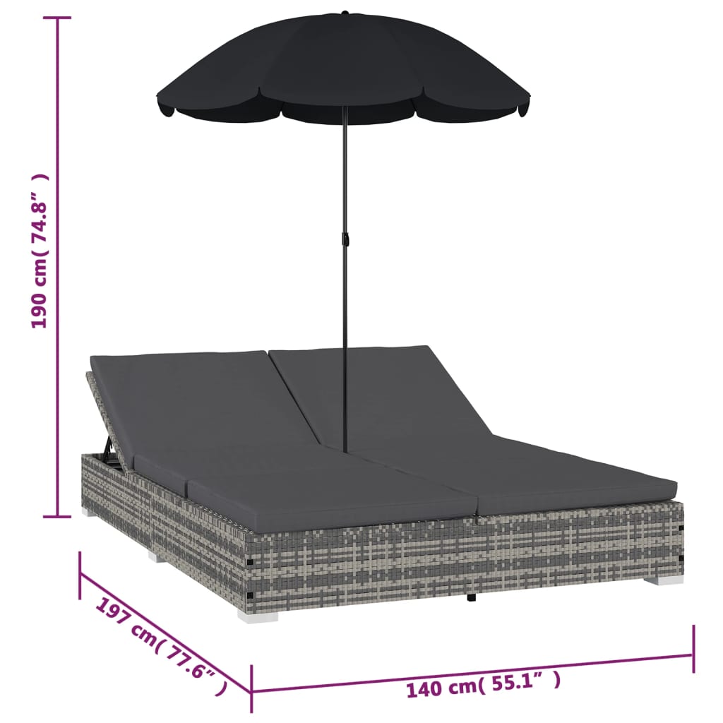 vidaXL Градинско лаундж легло с чадър, полиратан, сиво