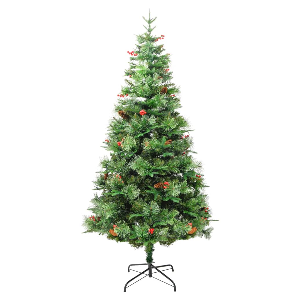 vidaXL Готова осветена коледна елха с шишарки зелена 195 см PVC и PE