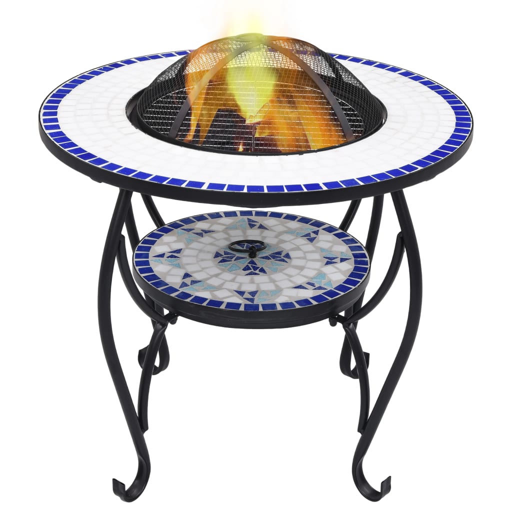 vidaXL Мозаечна маса с огнище, синьо и бяло, 68 см, керамика