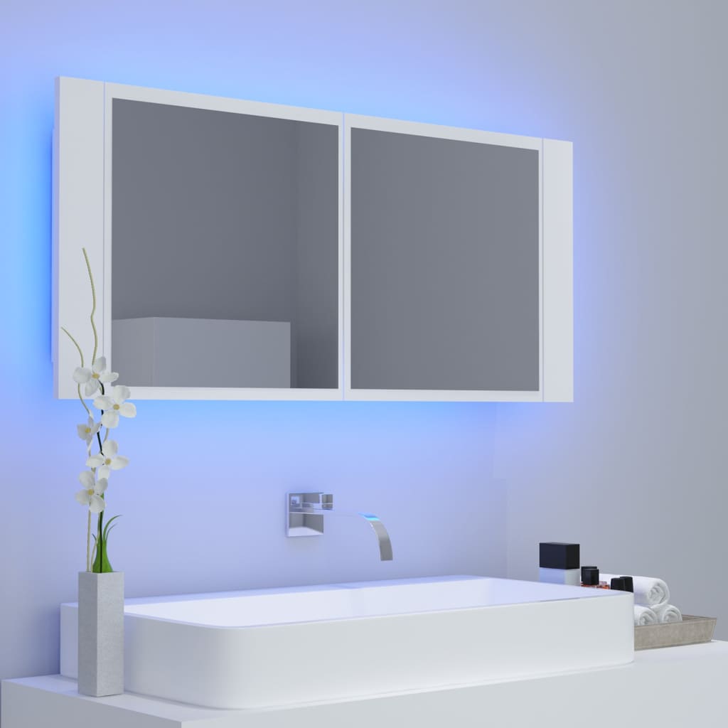 vidaXL Шкаф с LED огледало за баня, бял, 100x12x45 см, акрил