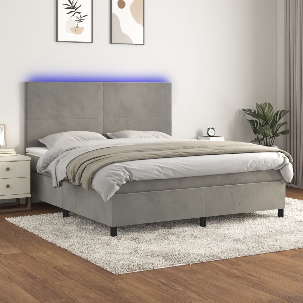 vidaXL Боксспринг легло с матрак и LED, светлосиво, 180x200 см, кадифе