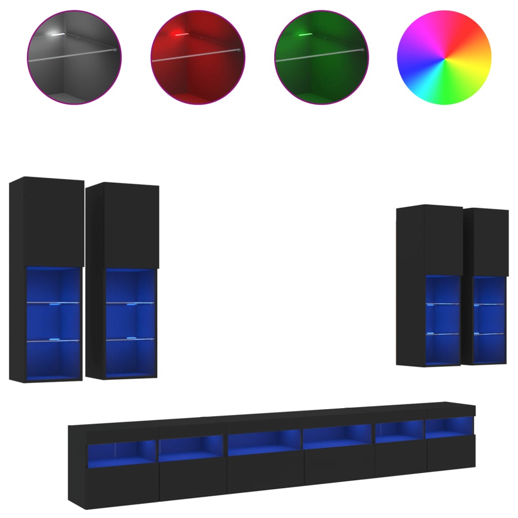 vidaXL Комплект ТВ стенни шкафове, 7 части, с LED светлини, черни