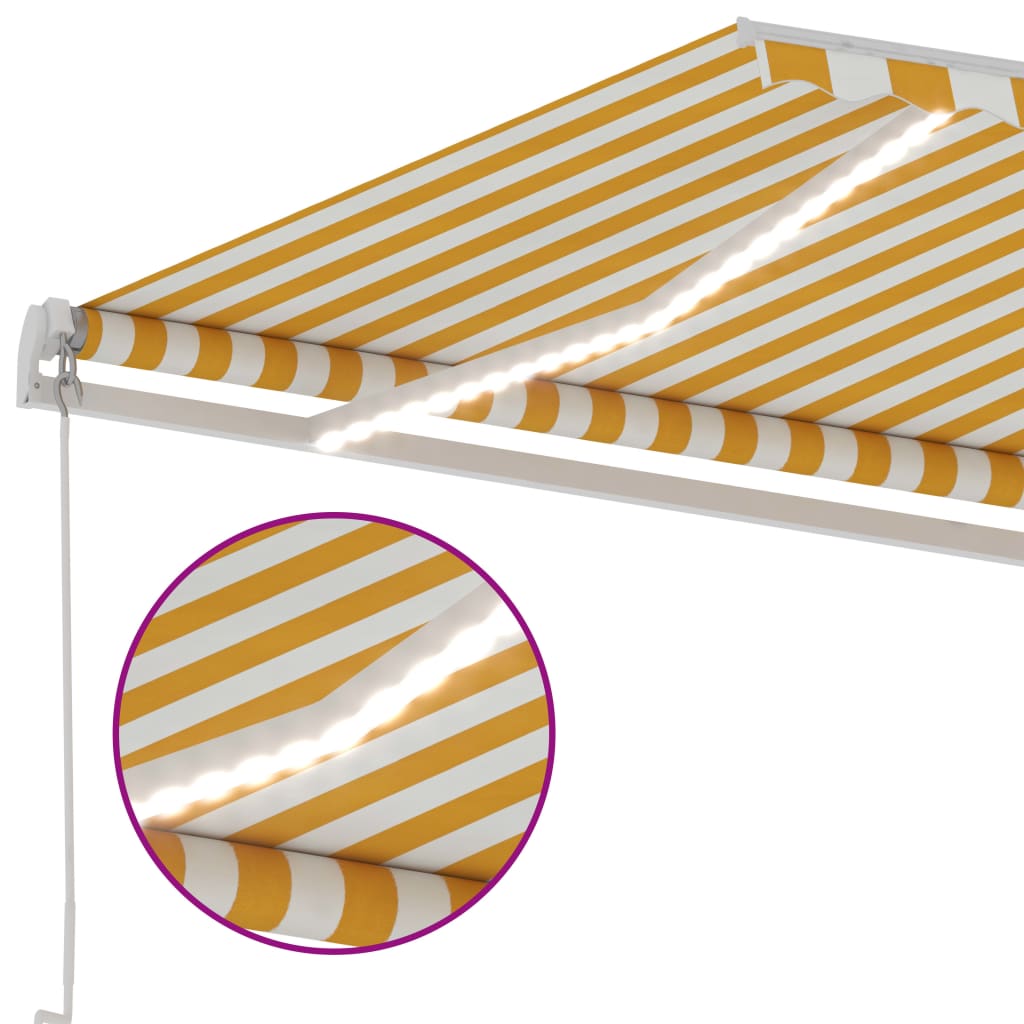 vidaXL Ръчно прибиращ се сенник с LED, 400x350 см, жълто и бяло