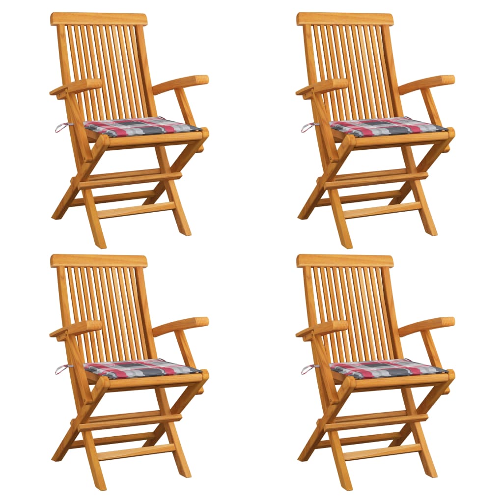 vidaXL Градински столове, възглавници с червено каре, 4 бр, тик масив