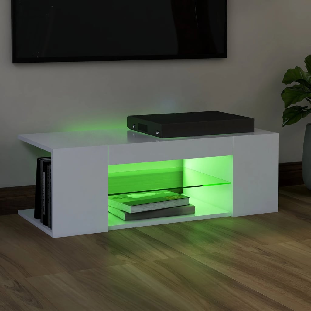 vidaXL ТВ шкаф с LED осветление, бял, 90x39x30 см