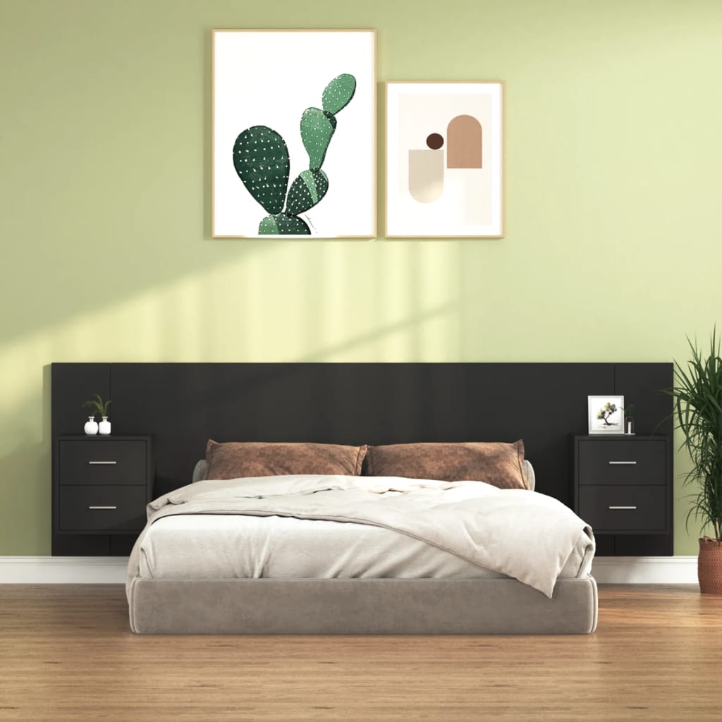 vidaXL Горна табла за легло с шкафчета, черна, инженерно дърво