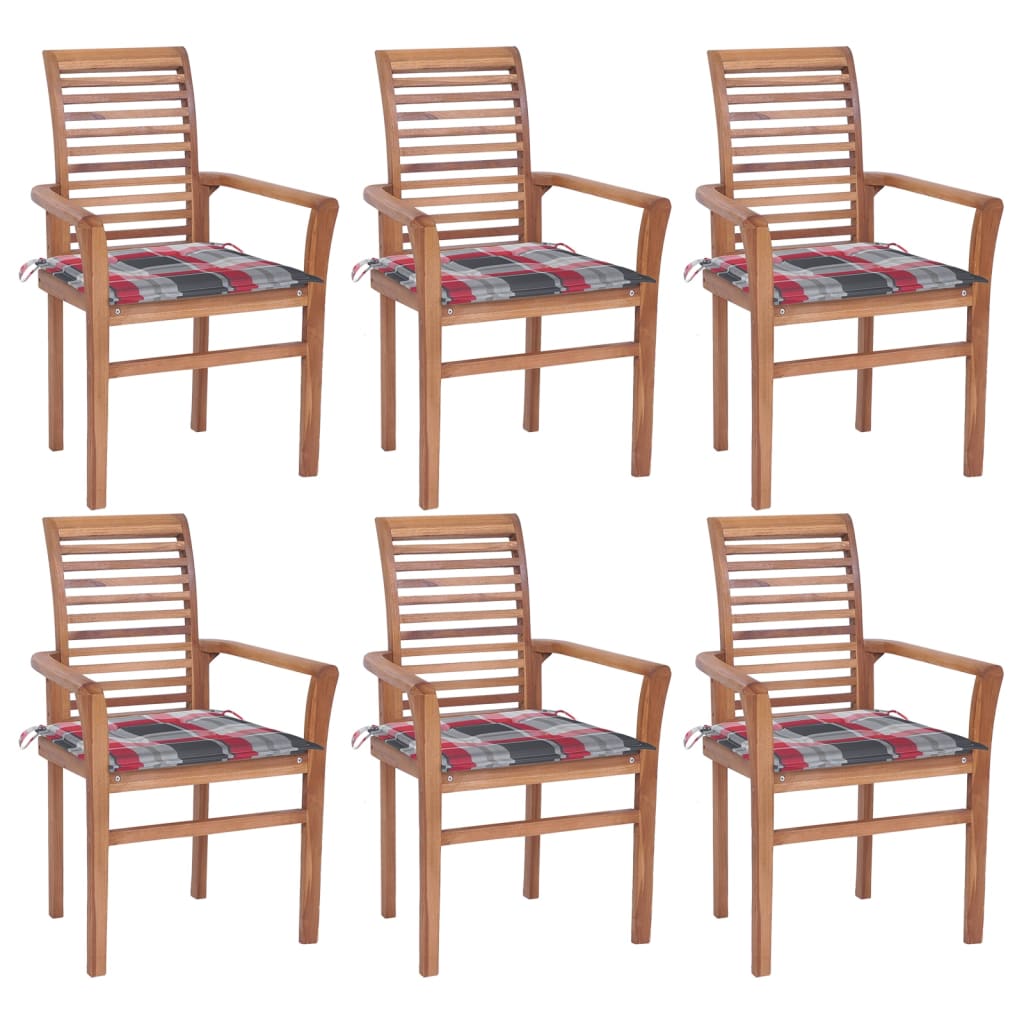 vidaXL Трапезни столове 6 бр възглавници на червено каре тик масив