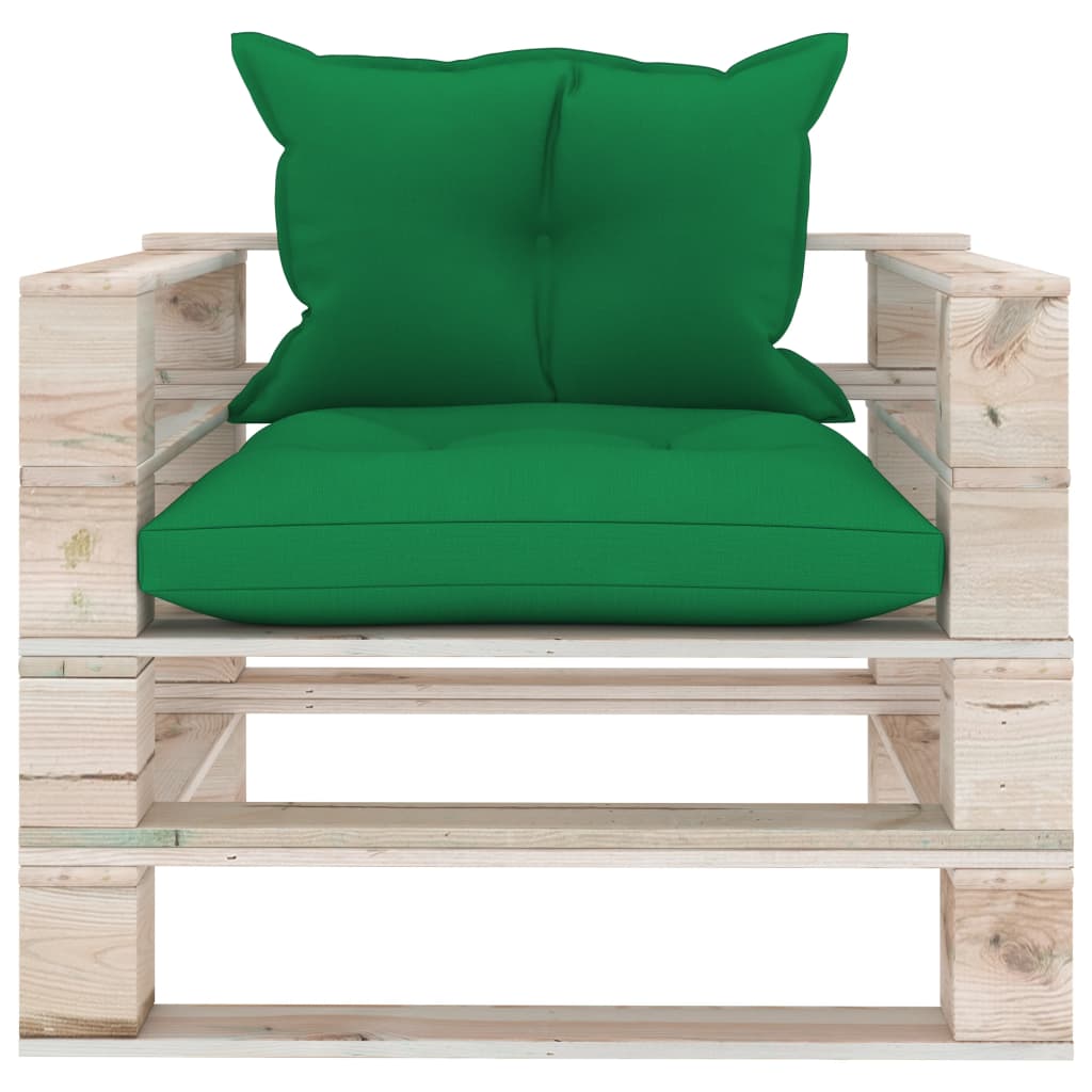 vidaXL Градински палетен фотьойл със зелени възглавници, борово дърво