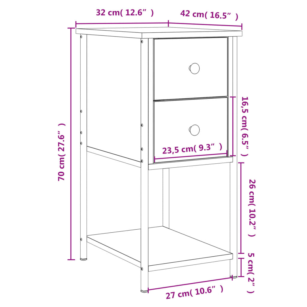 vidaXL Нощно шкафче, опушен дъб, 32x42x70 см, инженерно дърво