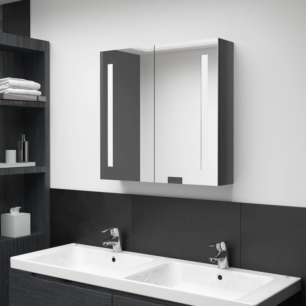 vidaXL LED шкаф с огледало за баня, сияйно сиво, 62x14x60 см