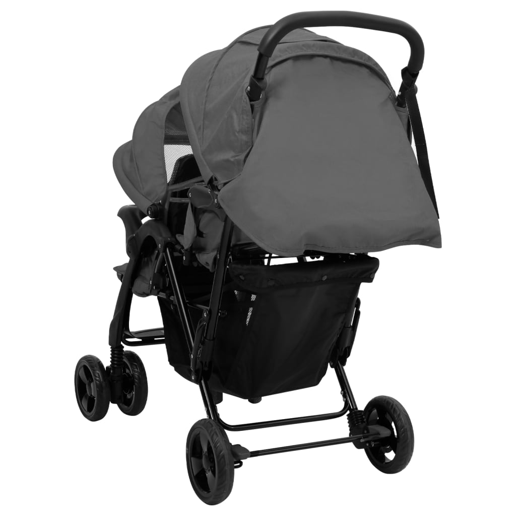 vidaXL Тандемна количка за близнаци, тъмносива, стомана