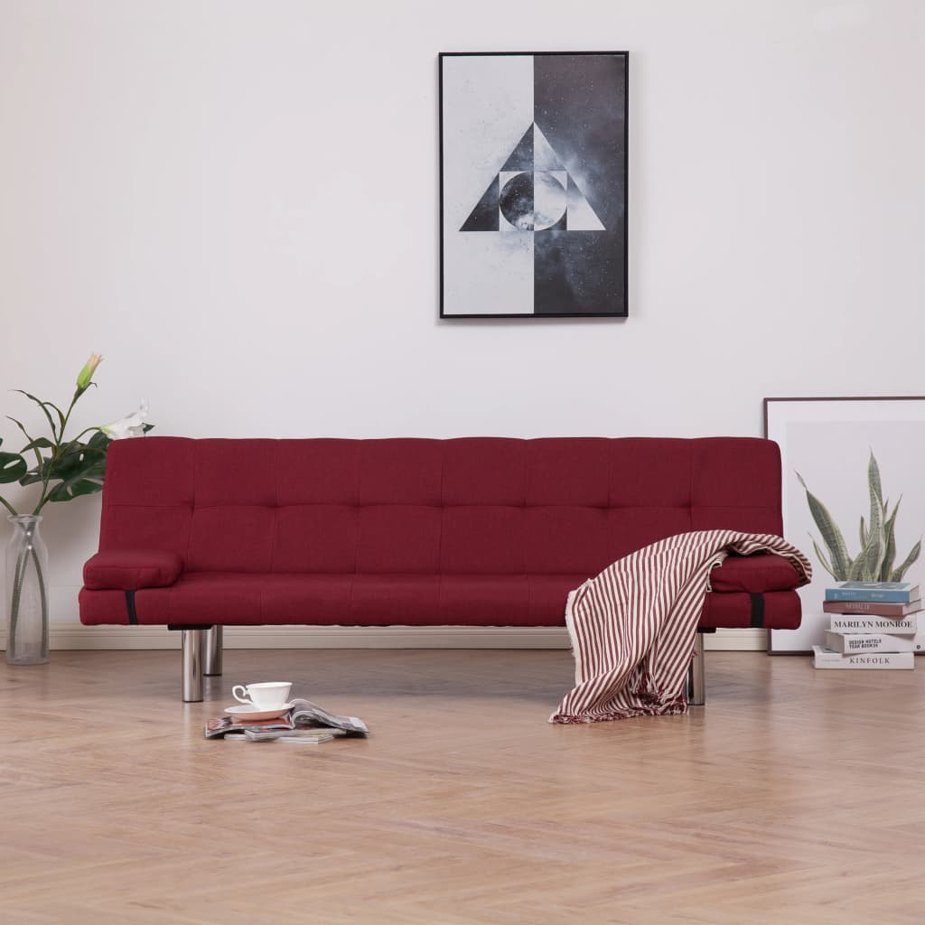 vidaXL Разтегателен диван с две възглавници, виненочервен, полиестер
