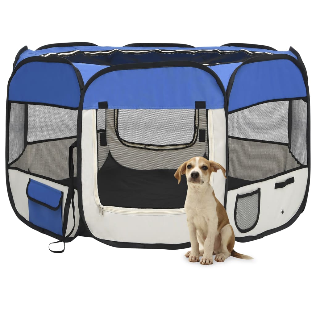 vidaXL Сгъваема кучешка кошара с чанта за носене, синя, 110x110x58 см