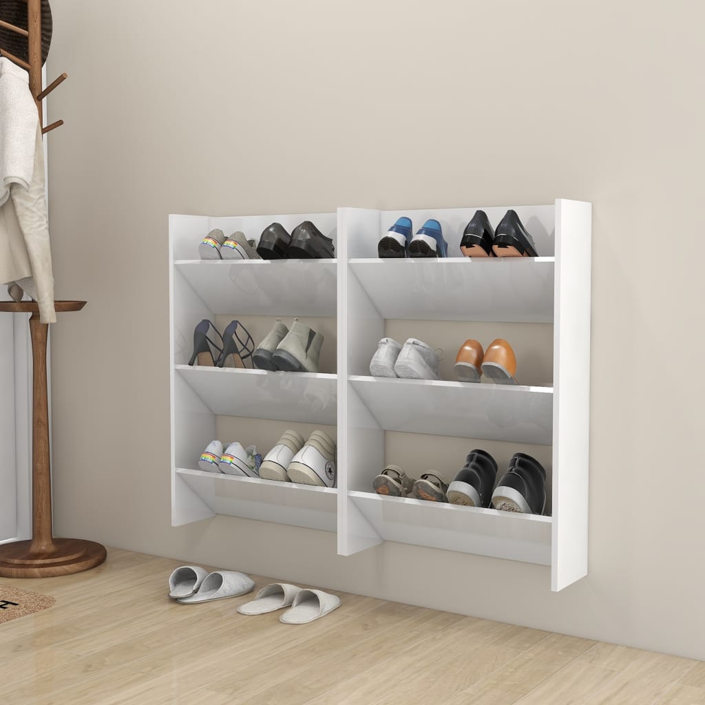 vidaXL Стенни шкафове за обувки, 2 бр, бял гланц, 60x18x90 см, ПДЧ