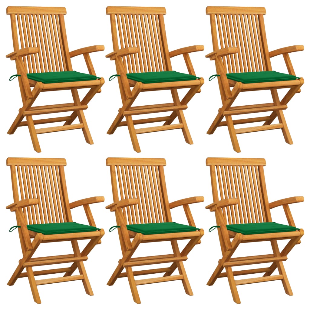 vidaXL Градински столове със зелени възглавници 6 бр тик масив