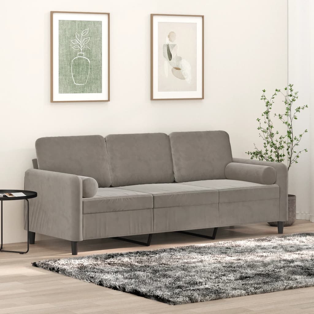 vidaXL 3-местен диван с възглавници, светлосив, 180 см, кадифе