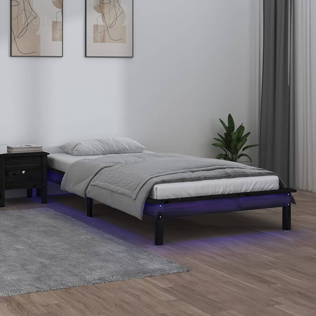 vidaXL Рамка за легло с LED осветление черна 90x200 см масивно дърво