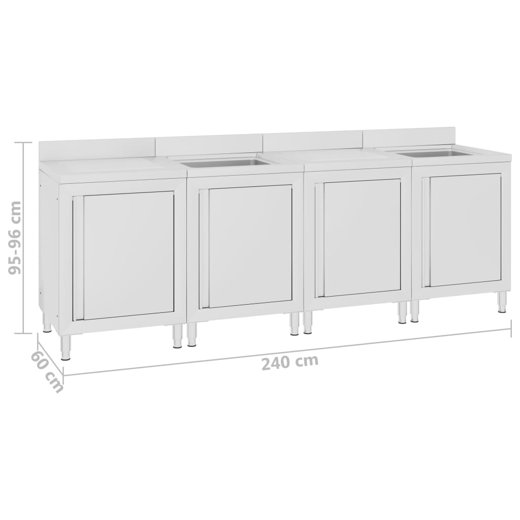 vidaXL Търговски кухненски шкаф за мивка, 240x60x96 см, инокс