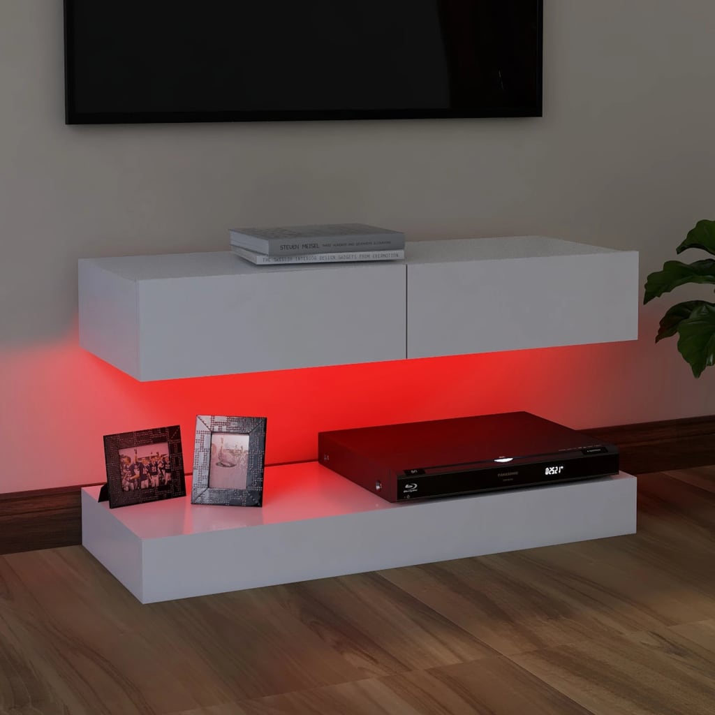 vidaXL ТВ шкаф с LED осветление, бял, 90x35 см
