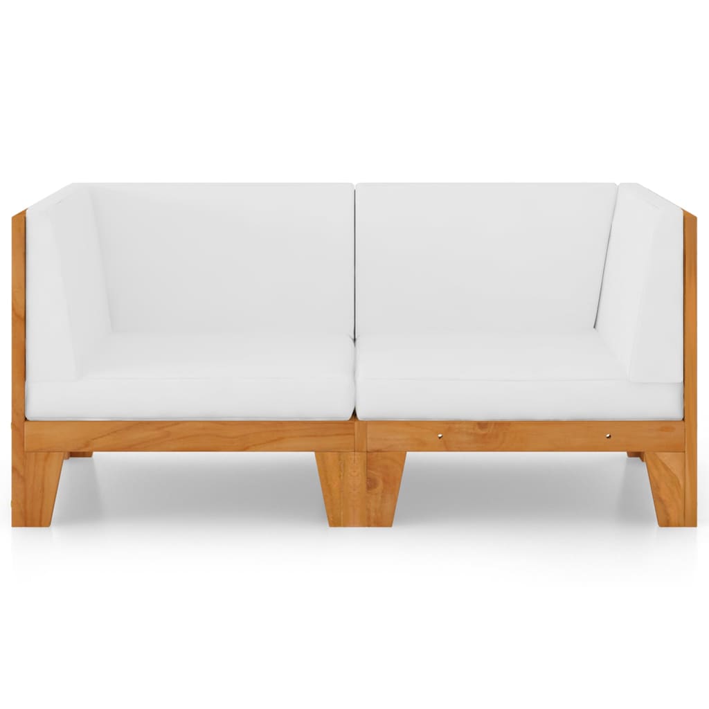 vidaXL 2-местен диван с кремавобели възглавници, акациево дърво масив