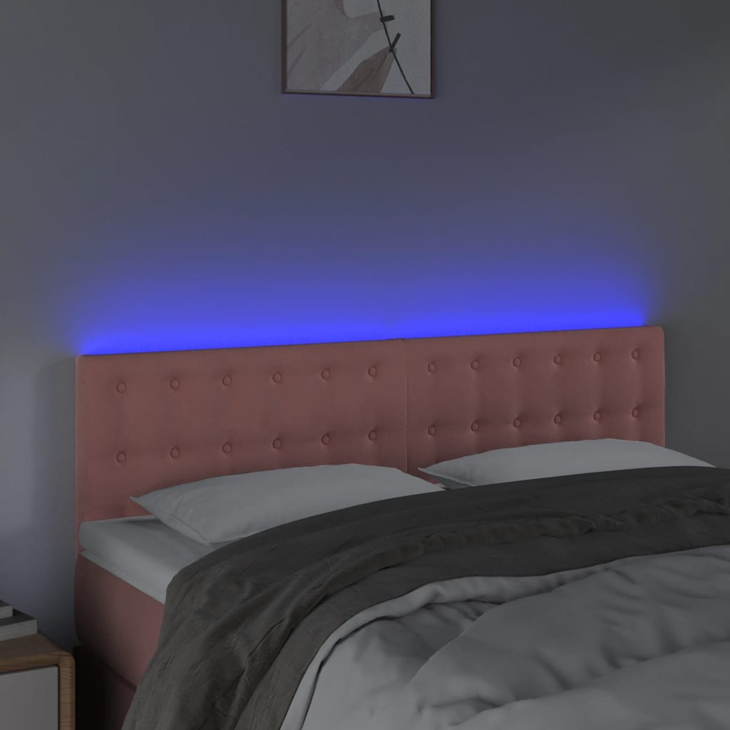 vidaXL LED горна табла за легло, розова, 144x5x78/88 см, кадифе