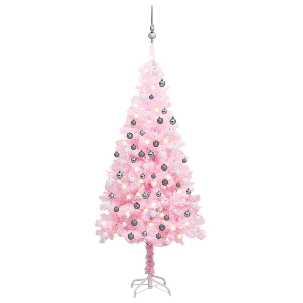 vidaXL Изкуствена осветена коледна елха с топки розова 150 см PVC