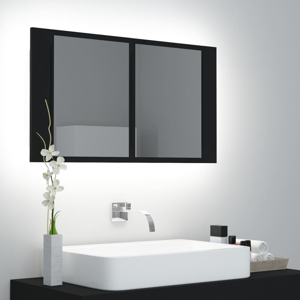 vidaXL Шкаф с LED огледало за баня, черно, 80x12x45 см, акрил