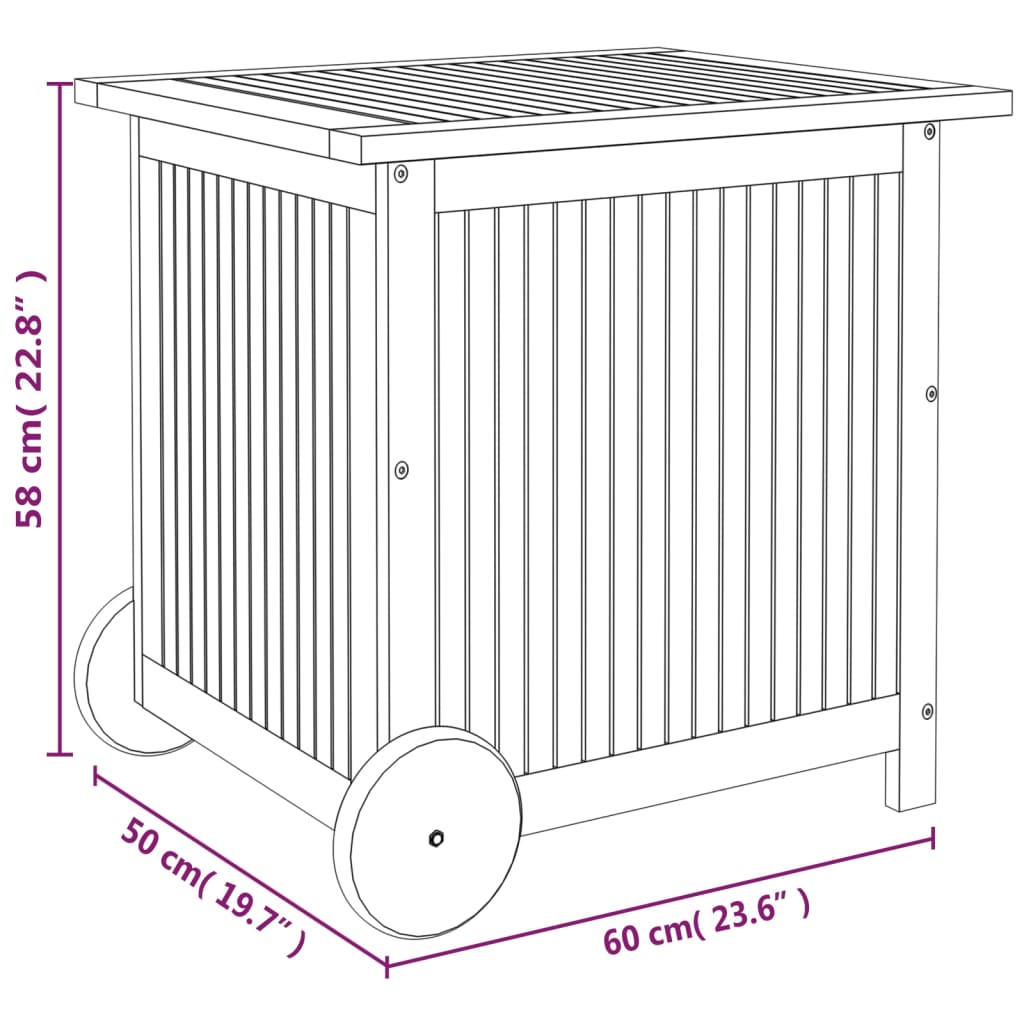 vidaXL Градинска кутия за съхранение с колела 60x50x58 см акация масив