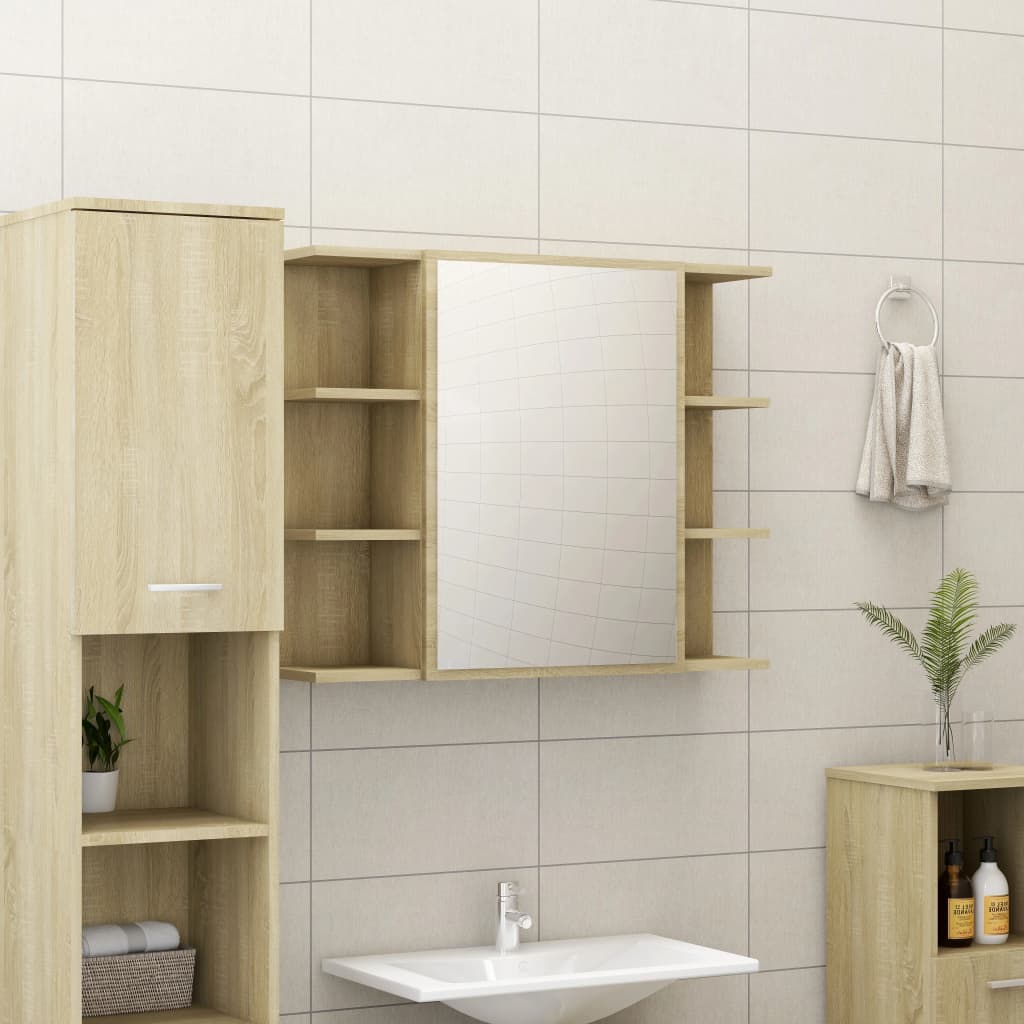 vidaXL Шкаф за баня с огледало, дъб сонома, 80x20,5x64 см, ПДЧ