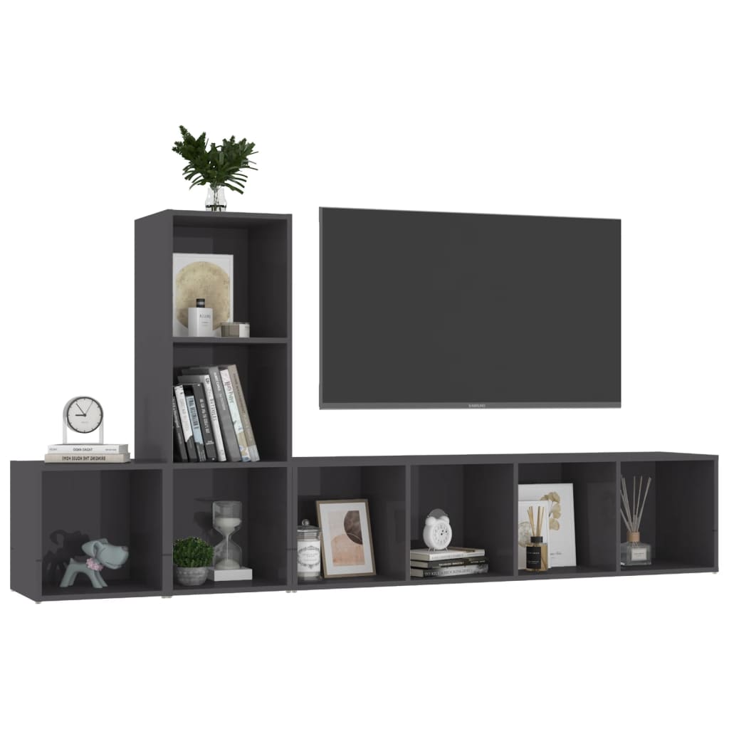 vidaXL Комплект ТВ шкафове от 3 части, сив гланц, ПДЧ