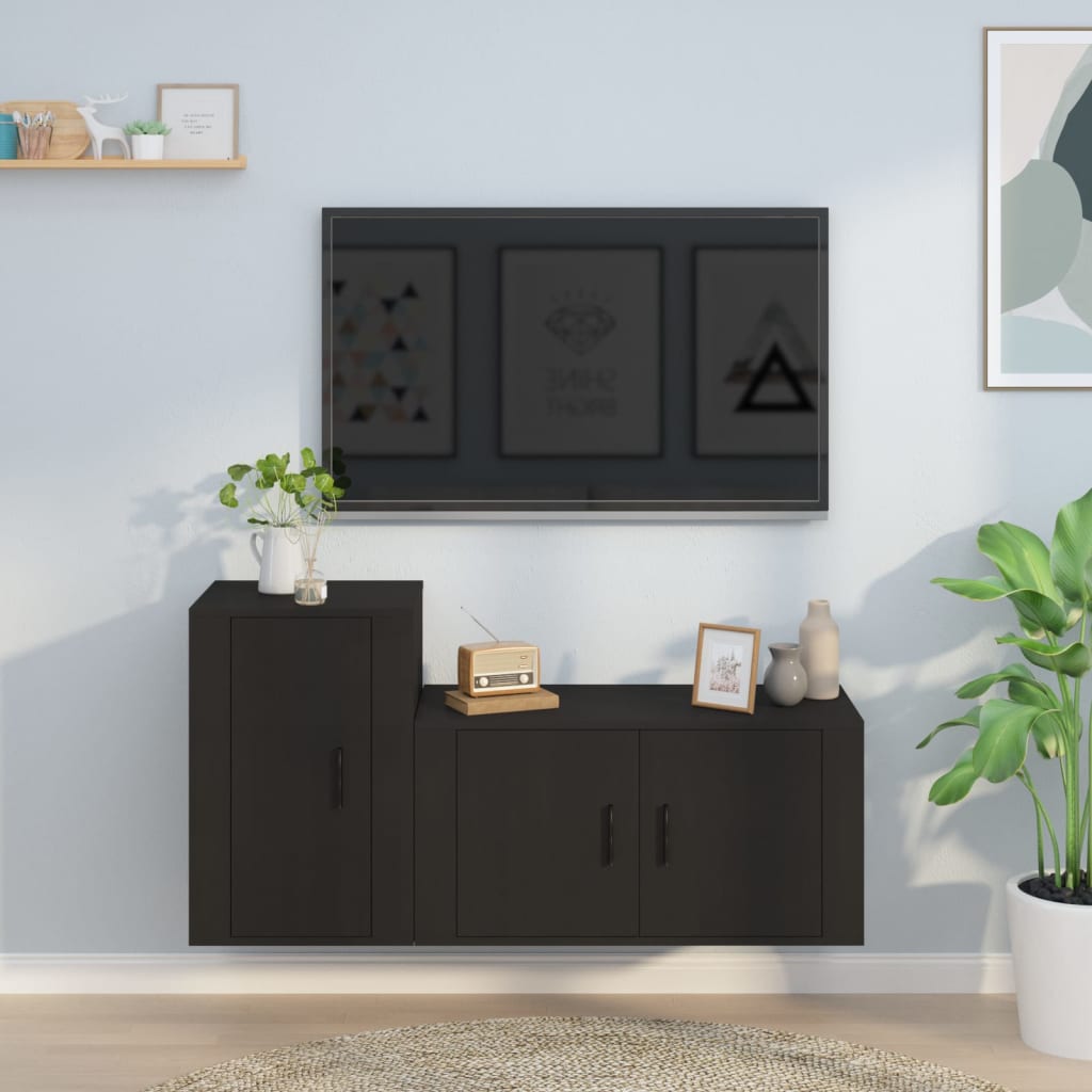 vidaXL Комплект ТВ шкафове от 2 части, черно, инженерно дърво