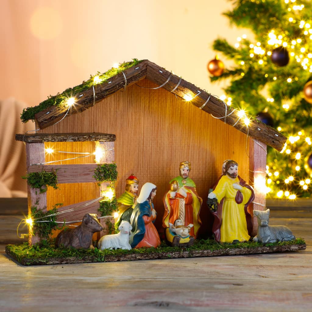 HI Осветена рождествена сцена, маслено дърво, LED декорация/орнамент
