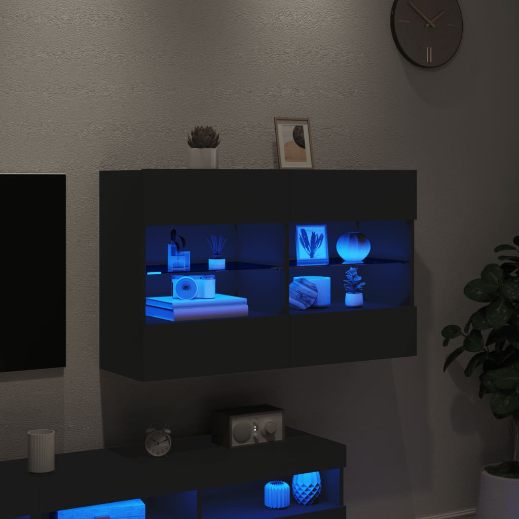 vidaXL Стенен ТВ шкаф с LED осветление, черен, 98,5x30x60,5 см