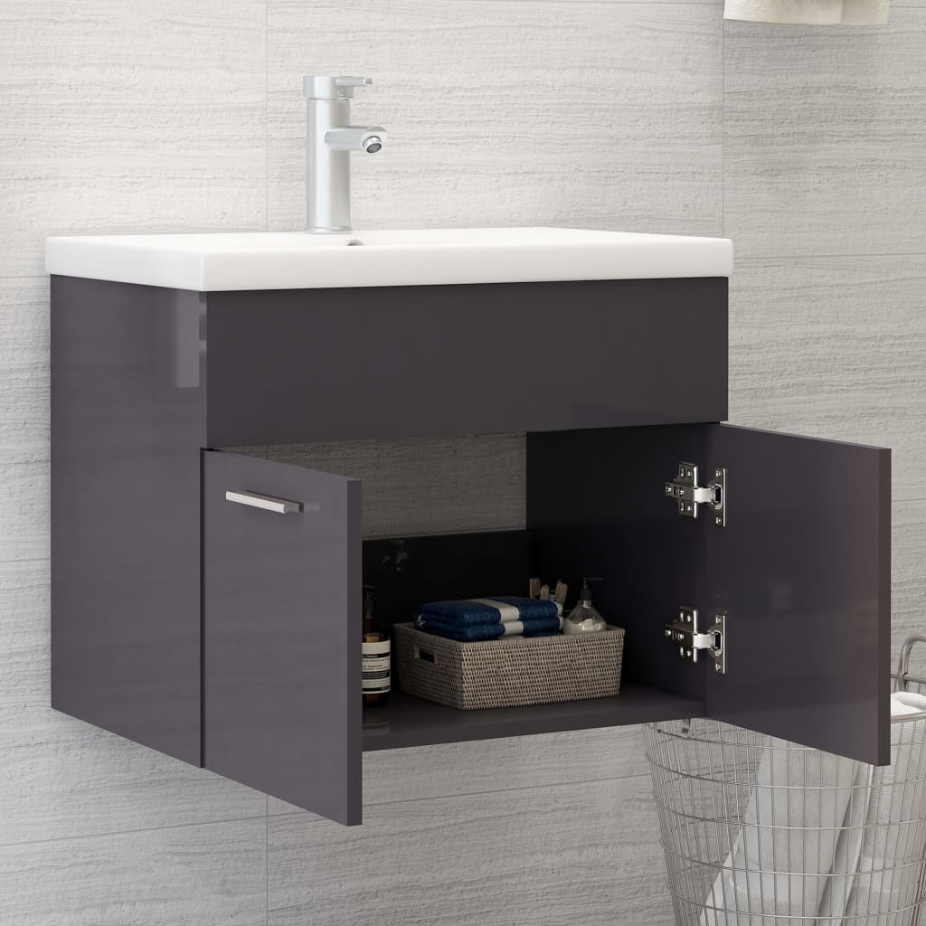 vidaXL Шкаф за баня с вградена мивка, сив гланц, ПДЧ