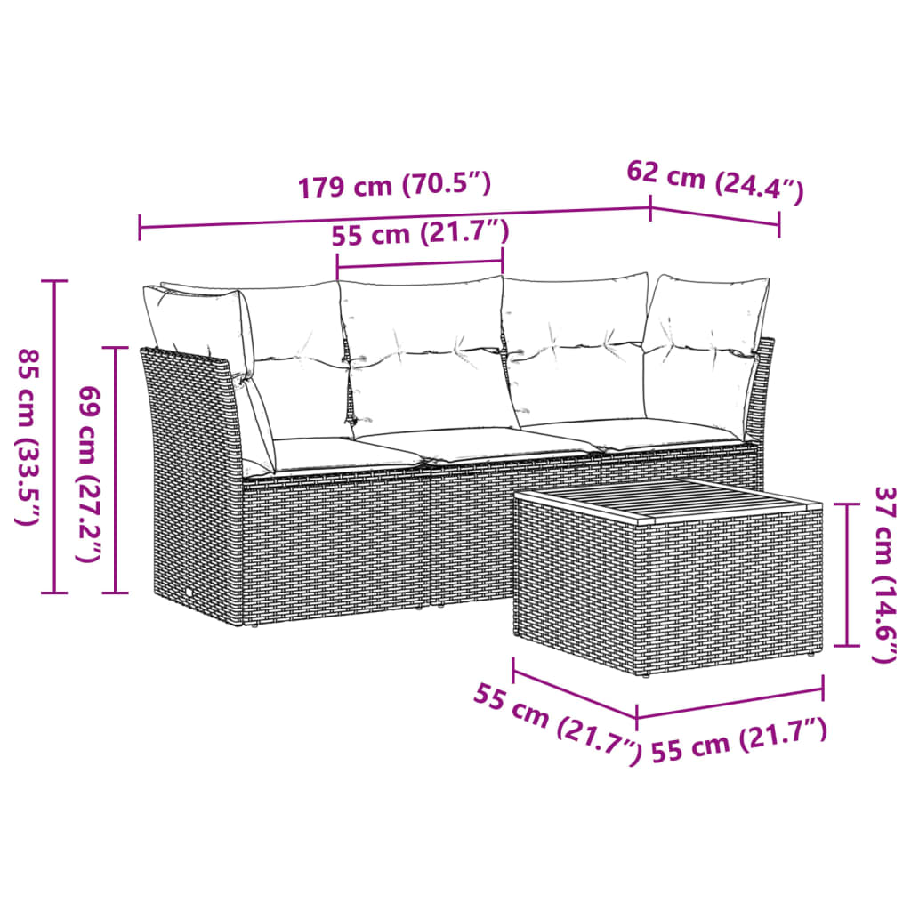 vidaXL Градински диван с възглавници, 4 части, бежов полиратан