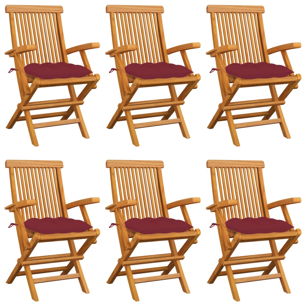 vidaXL Градински столове с виненочервени възглавници 6 бр тик масив