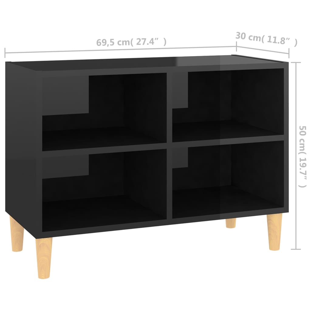 vidaXL ТВ шкаф с крака от дърво масив, черен гланц, 69,5x30x50 см