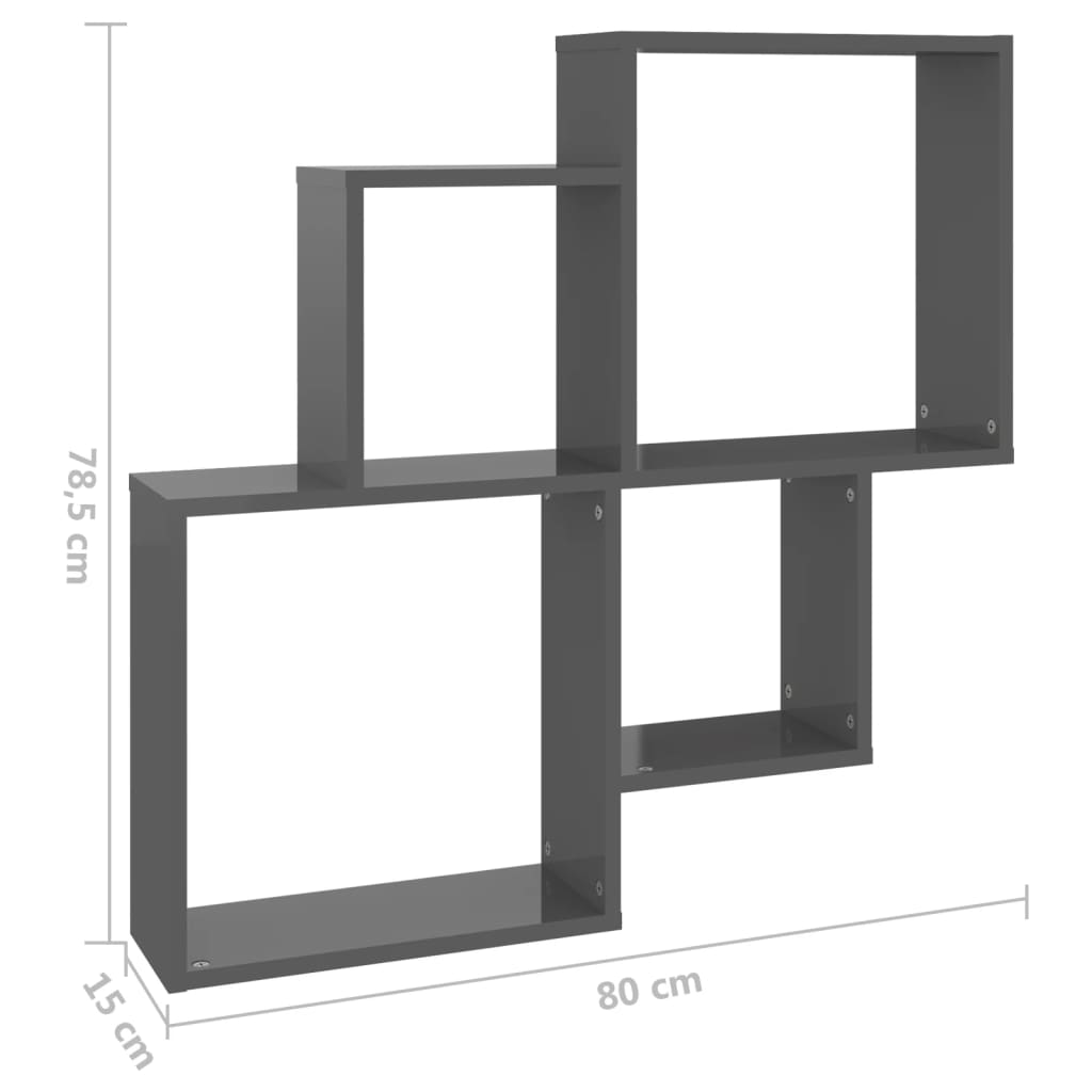 vidaXL Стенен кубичен рафт, сив гланц, 80x15x78,5 см, ПДЧ