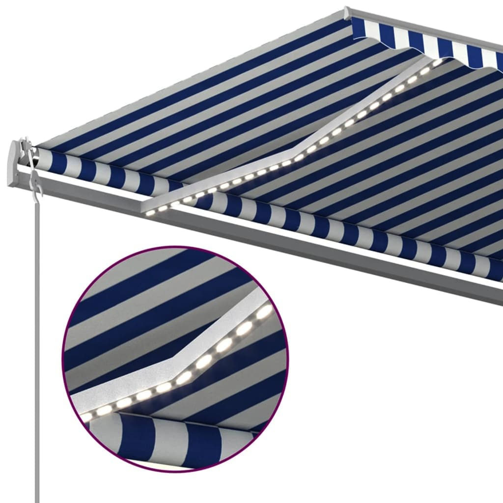 vidaXL Ръчно прибиращ се сенник с LED, 5x3 м, синьо и бяло
