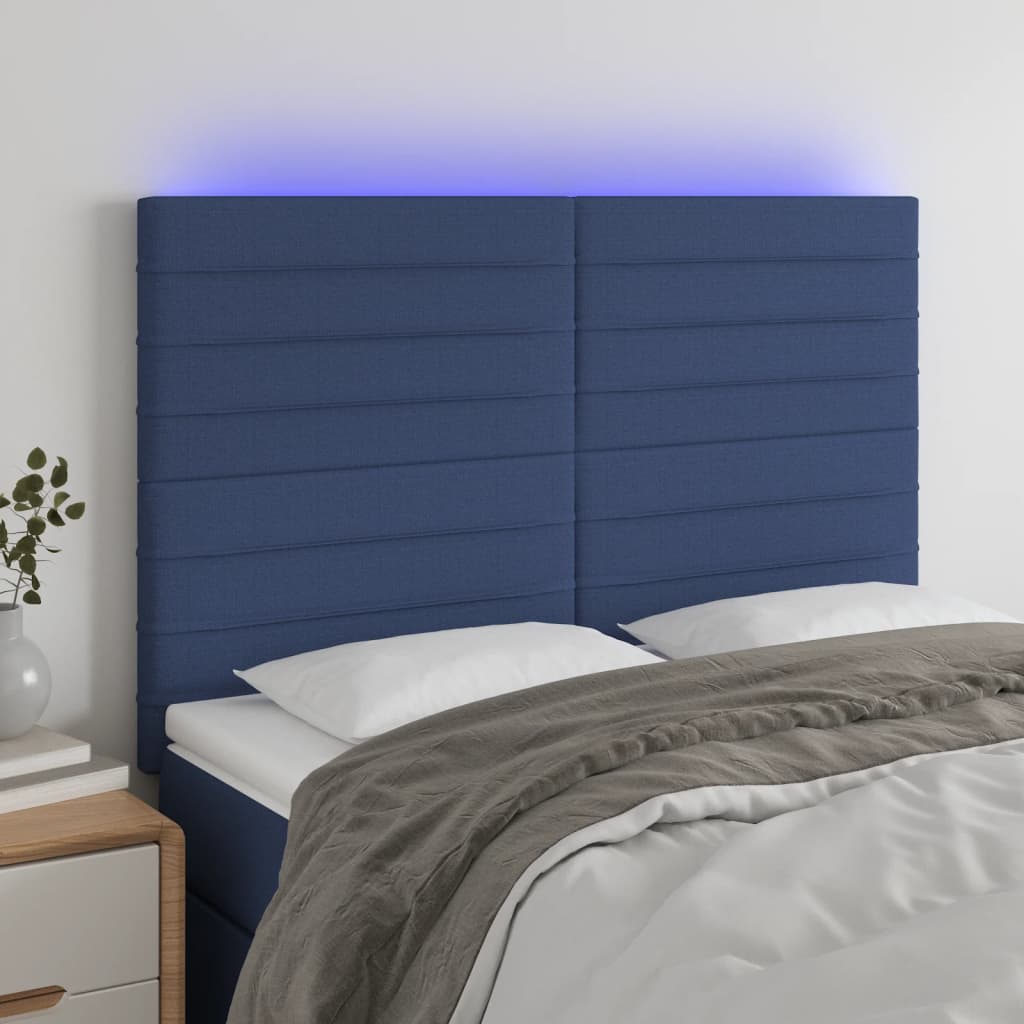 vidaXL LED горна табла за легло, синя, 144x5x118/128 см, плат