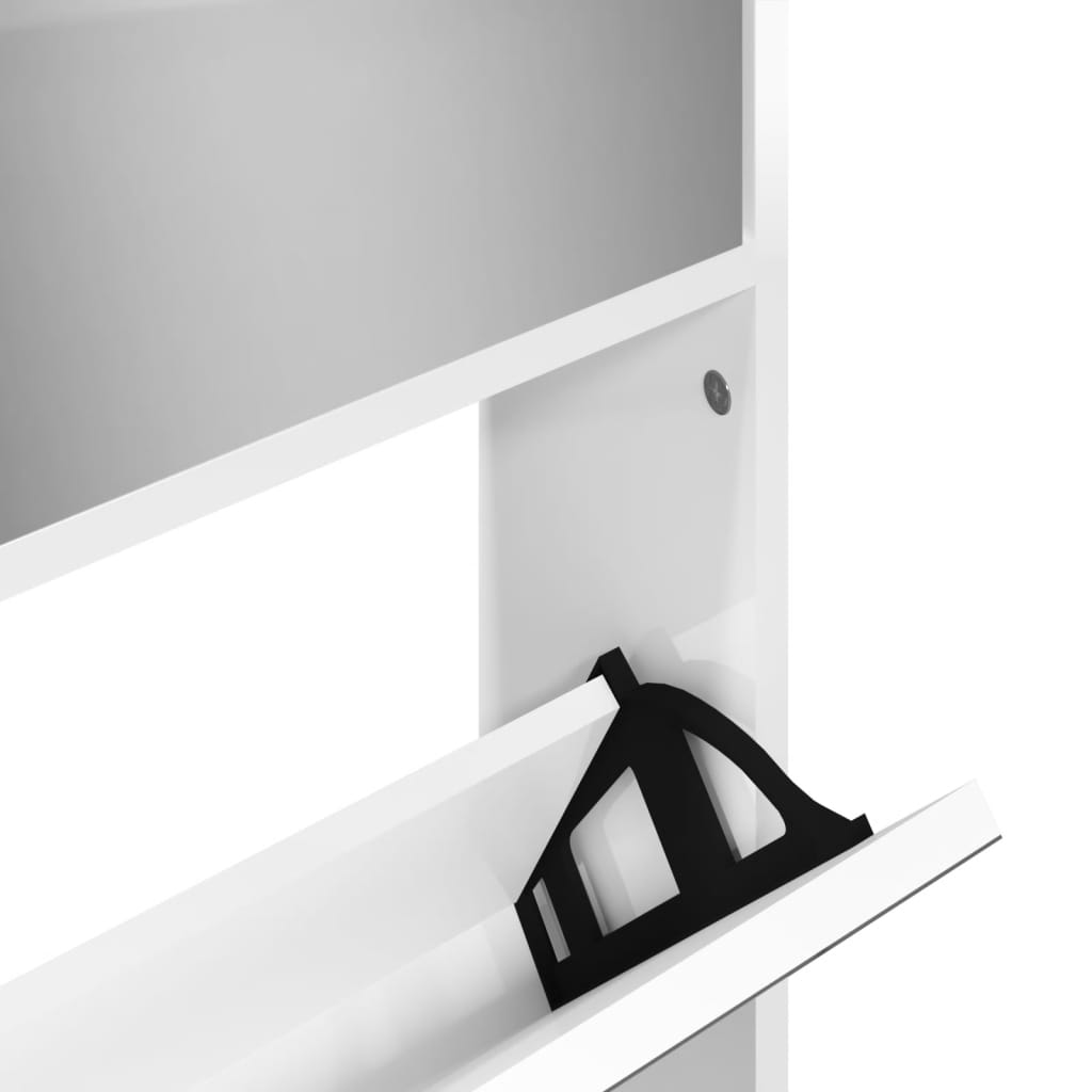 vidaXL Шкаф за обувки с огледало, 4 нива, бял гланц, 63x17x134 см