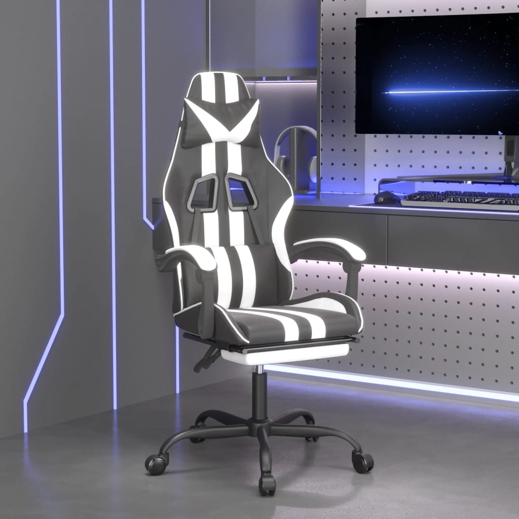vidaXL Въртящ гейминг стол с опора за крака черно-бял изкуствена кожа