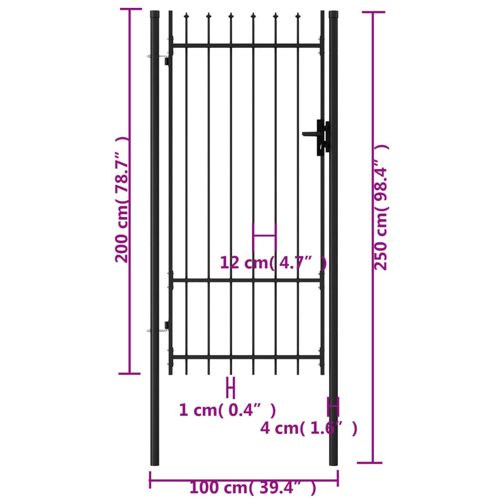 vidaXL Оградна порта една врата с остри върхове стомана 1х2 м черна