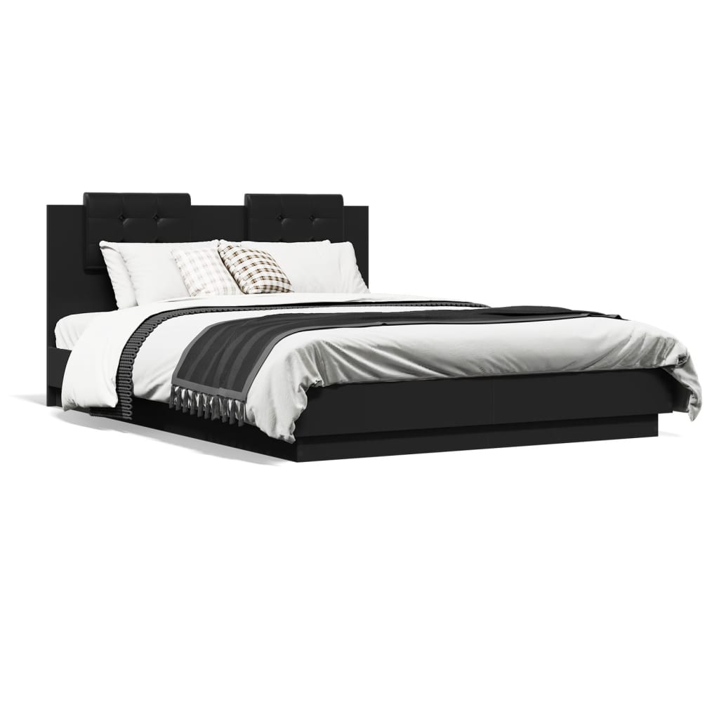 vidaXL Рамка за легло с табла, черна, 140x200 см, инженерно дърво