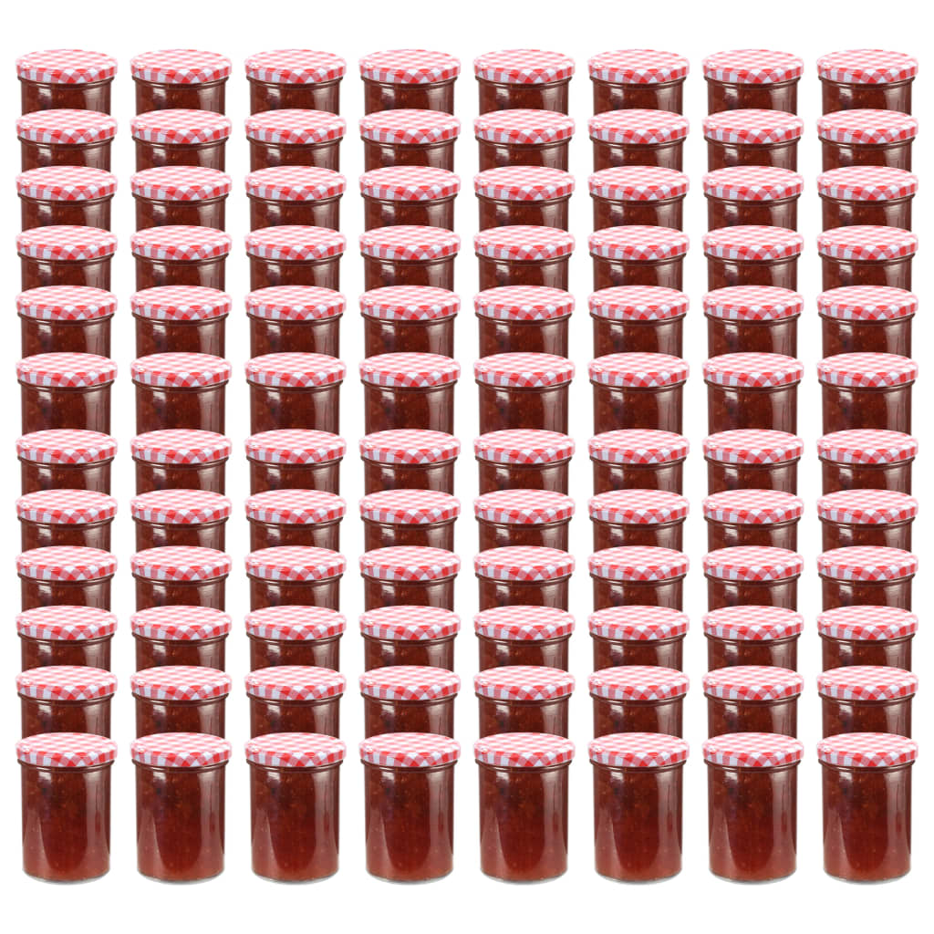 vidaXL Стъклени буркани за сладко с бяло-червени капачки 96 бр 400 мл
