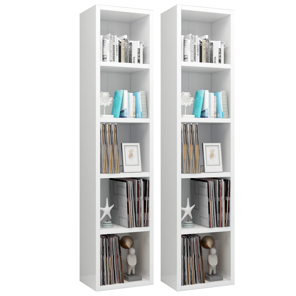 vidaXL CD шкафове, 2 бр, бял гланц, 21x16x93,5 см, ПДЧ