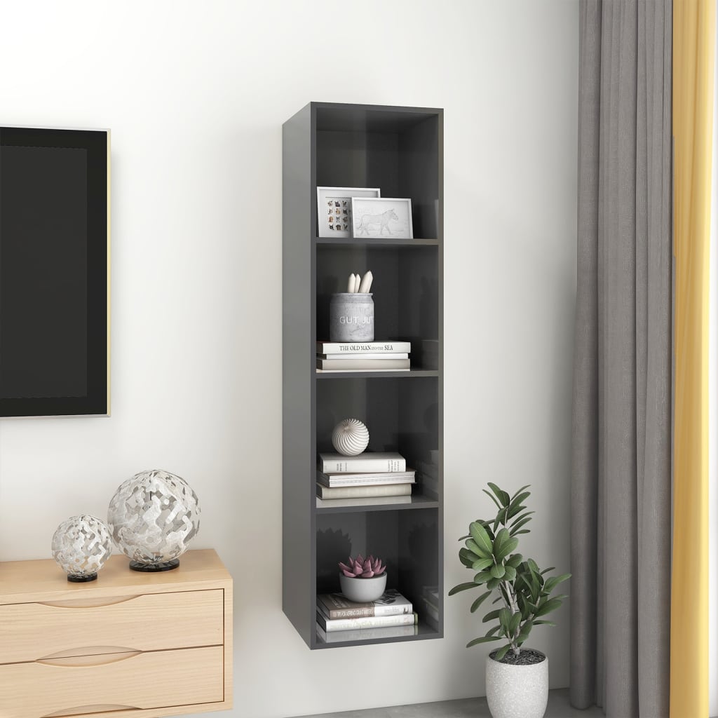 vidaXL ТВ шкаф за стенен монтаж, сив гланц, 37x37x142,5 см, ПДЧ