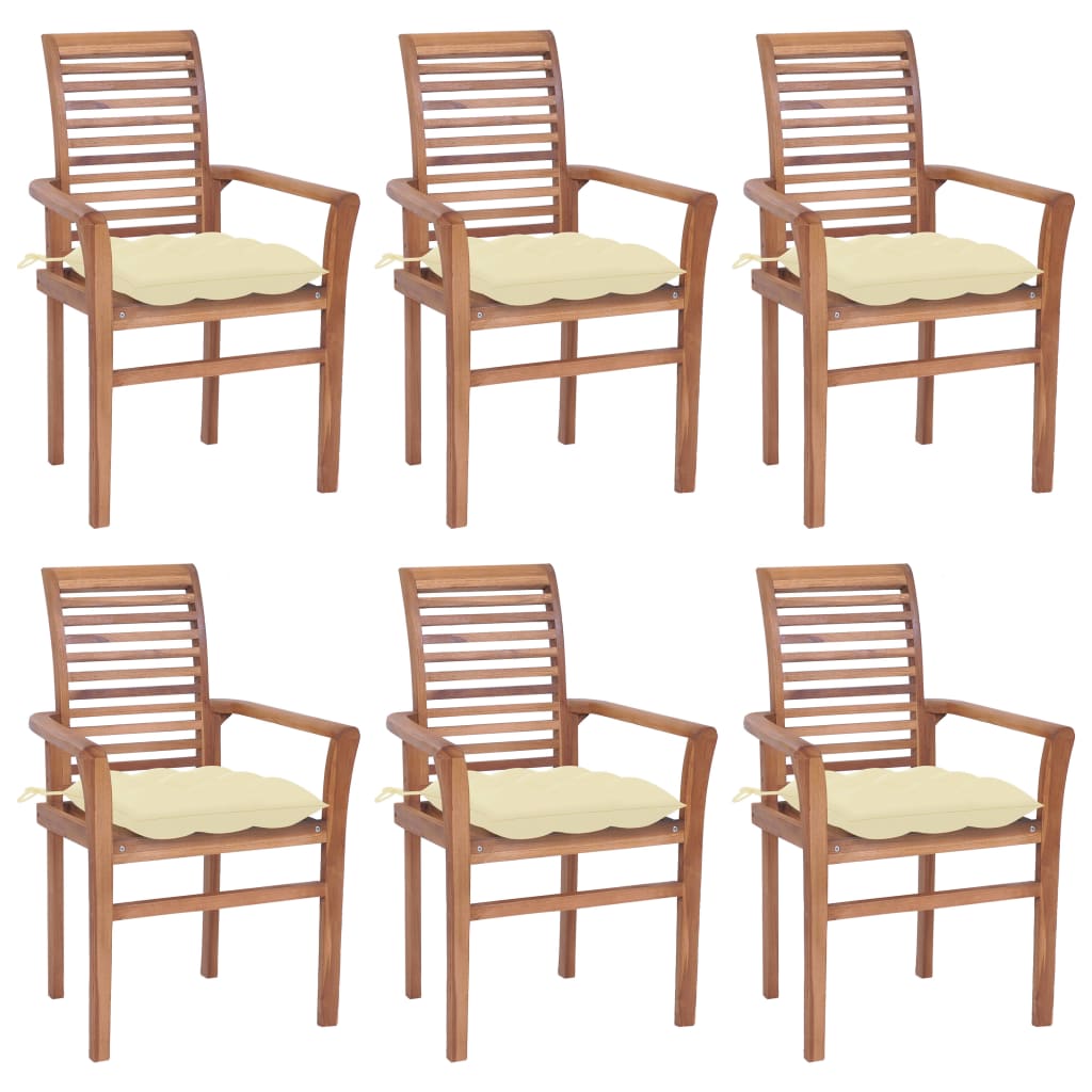 vidaXL Трапезни столове, 6 бр, с кремавобели възглавници, тик масив