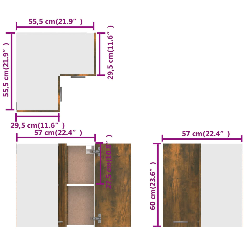 vidaXL Окачен ъглов шкаф, опушен дъб, 57x57x60 см, инженерно дърво