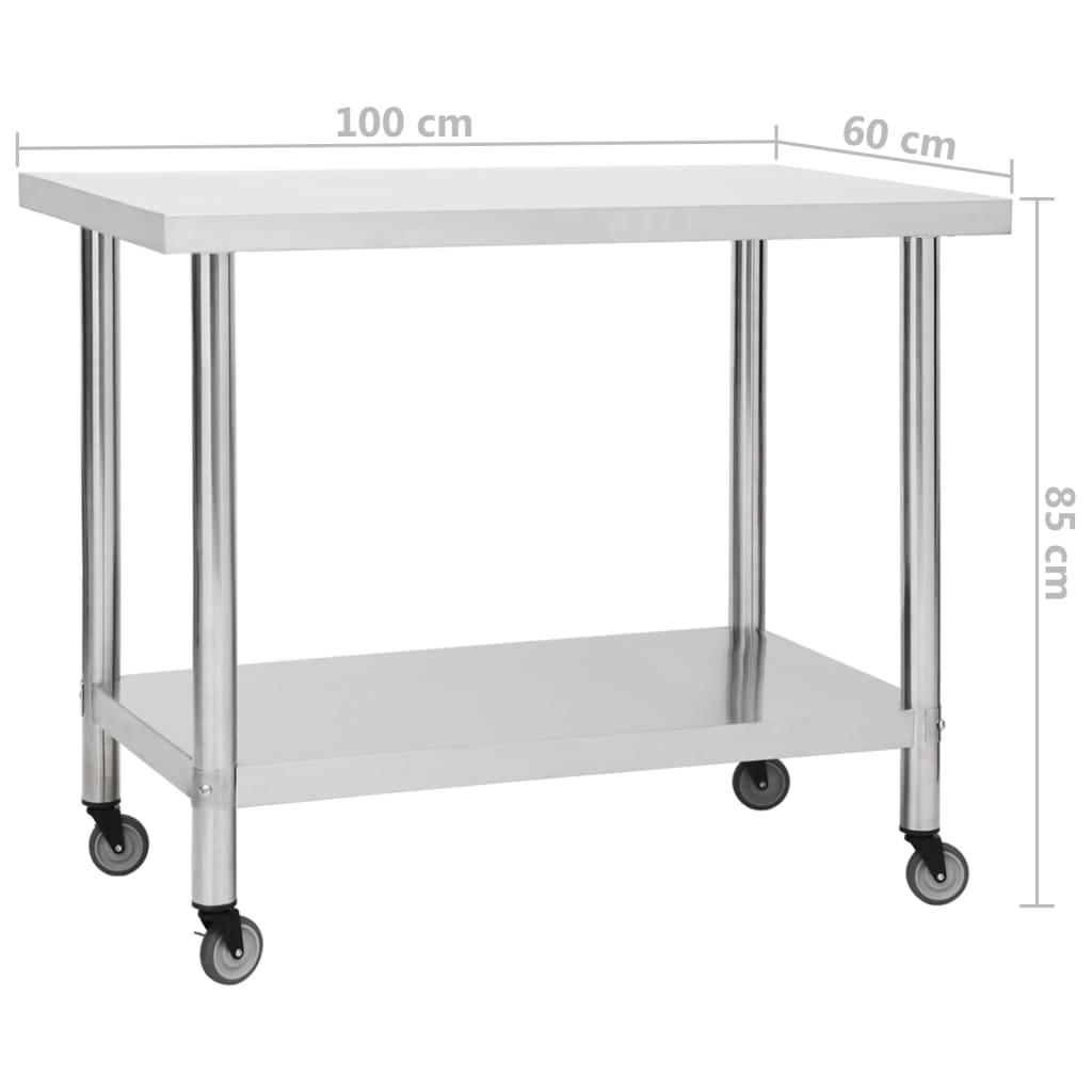 vidaXL Кухненска работна маса с колелца, 100x60x85 см, инокс